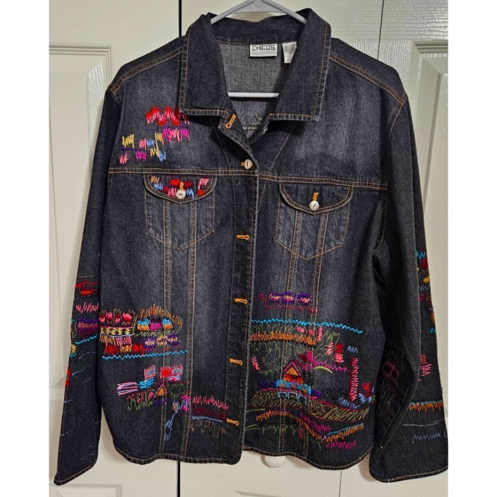 Women's Embroidered Jeans Jacket by Chico's Size 3 EUC